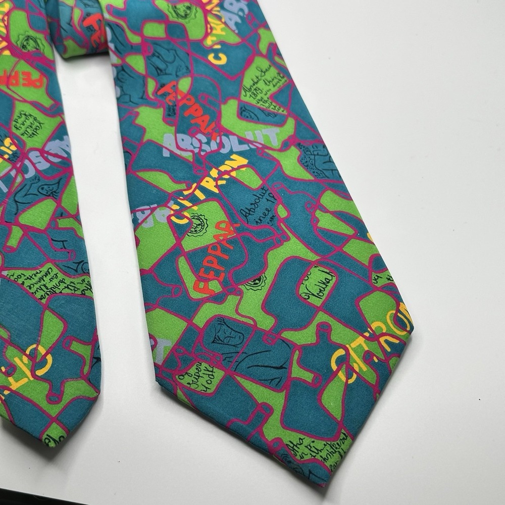 Nadia Roden Absolut Vodka Silk Tie Teal Green Novelty Citron Peppar Hand Made